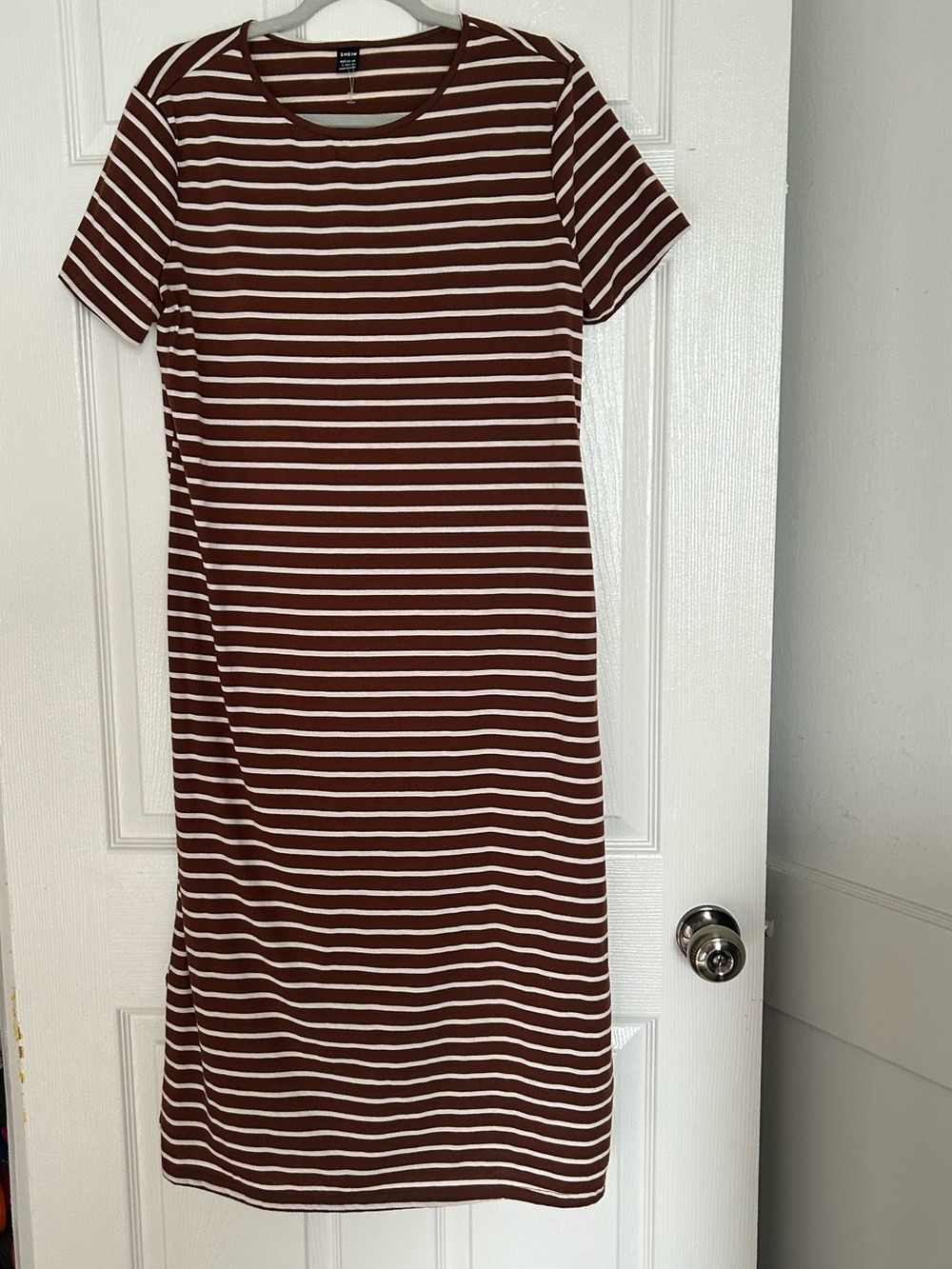 SHEIN Brown & White Striped Short-Sleeve Midi Dress